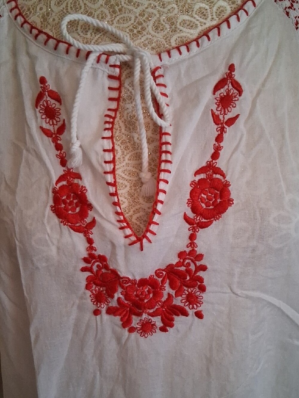Tommy Hilfiger White Peasant Blouse with Red Embroidery. Size XL - Picture 2 of 13